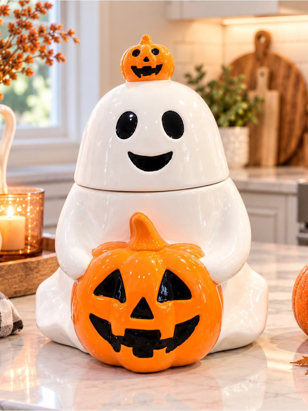 NWT Charming ceramic ghost holding a pumpkin cookie jar. Perfect for Halloween